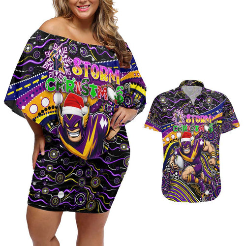 Merry Christmas Storm Couples Matching Off Shoulder Short Dress and Hawaiian Shirt Aboriginal Santa Rugby Mascot - Melbourne