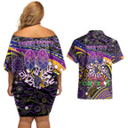 Merry Christmas Storm Couples Matching Off Shoulder Short Dress and Hawaiian Shirt Aboriginal Santa Rugby Mascot - Melbourne