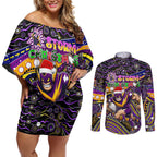 Merry Christmas Storm Couples Matching Off Shoulder Short Dress and Long Sleeve Button Shirt Aboriginal Santa Rugby Mascot - Melbourne