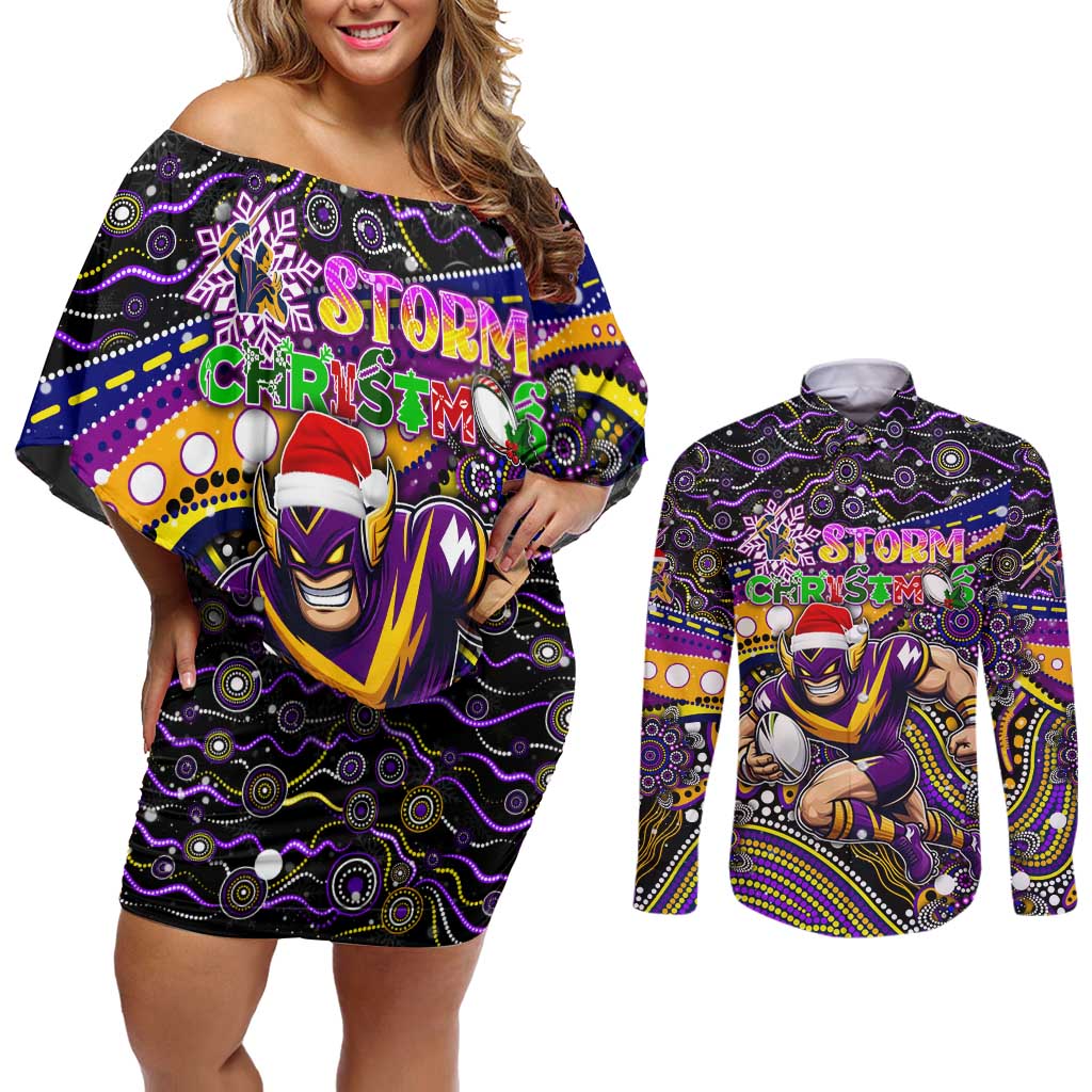 Merry Christmas Storm Couples Matching Off Shoulder Short Dress and Long Sleeve Button Shirt Aboriginal Santa Rugby Mascot - Melbourne