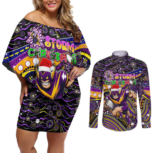 Merry Christmas Storm Couples Matching Off Shoulder Short Dress and Long Sleeve Button Shirt Aboriginal Santa Rugby Mascot - Melbourne