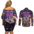 Merry Christmas Storm Couples Matching Off Shoulder Short Dress and Long Sleeve Button Shirt Aboriginal Santa Rugby Mascot - Melbourne