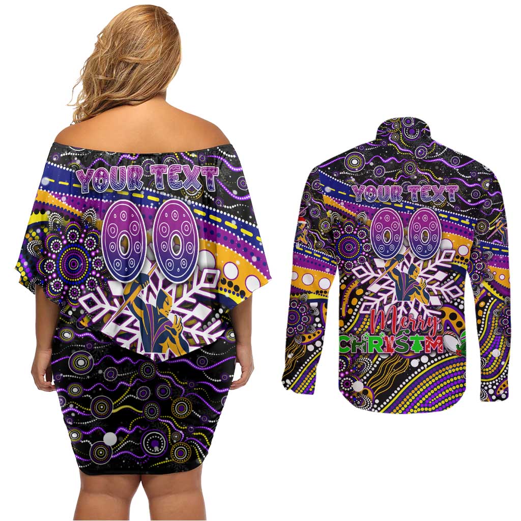 Merry Christmas Storm Couples Matching Off Shoulder Short Dress and Long Sleeve Button Shirt Aboriginal Santa Rugby Mascot - Melbourne