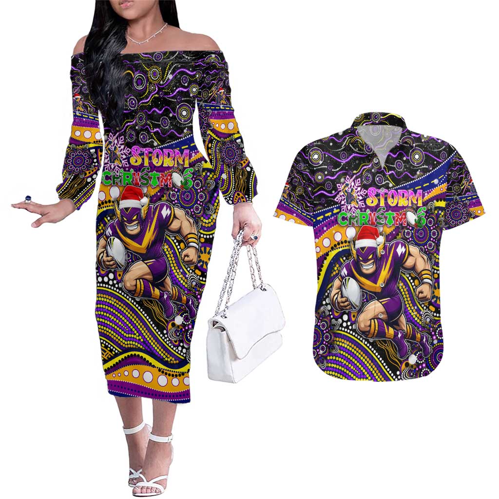 Merry Christmas Storm Couples Matching Off The Shoulder Long Sleeve Dress and Hawaiian Shirt Aboriginal Santa Rugby Mascot - Melbourne