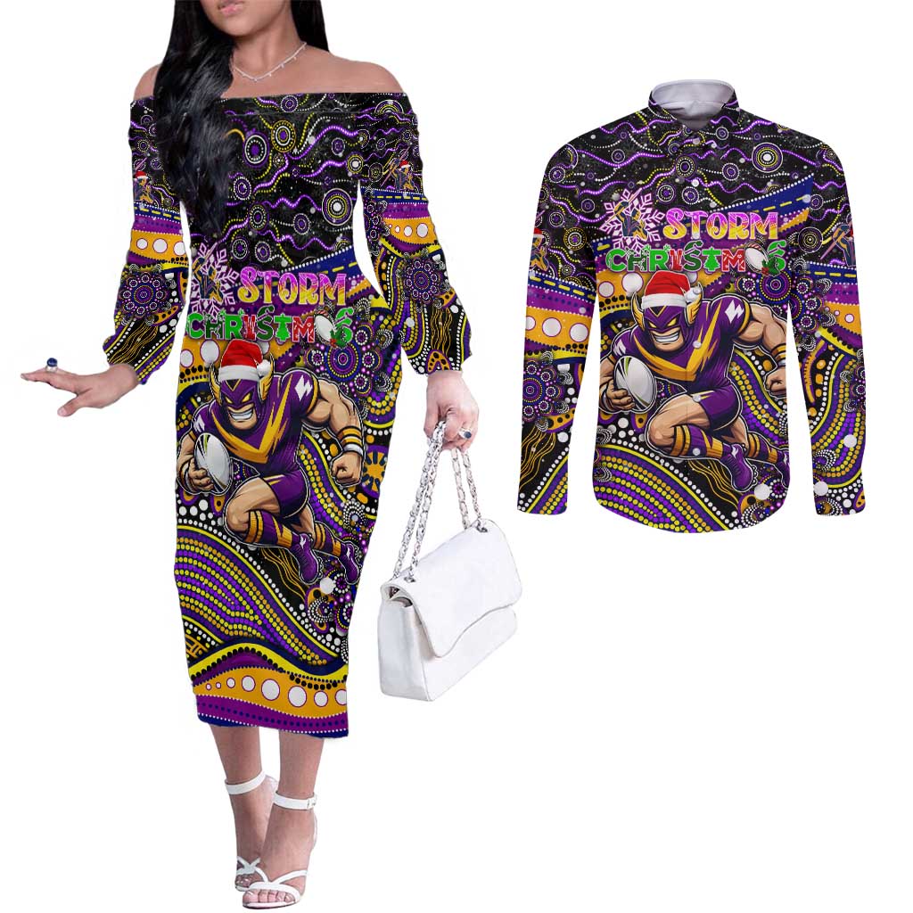 Merry Christmas Storm Couples Matching Off The Shoulder Long Sleeve Dress and Long Sleeve Button Shirt Aboriginal Santa Rugby Mascot - Melbourne