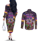 Merry Christmas Storm Couples Matching Off The Shoulder Long Sleeve Dress and Long Sleeve Button Shirt Aboriginal Santa Rugby Mascot - Melbourne