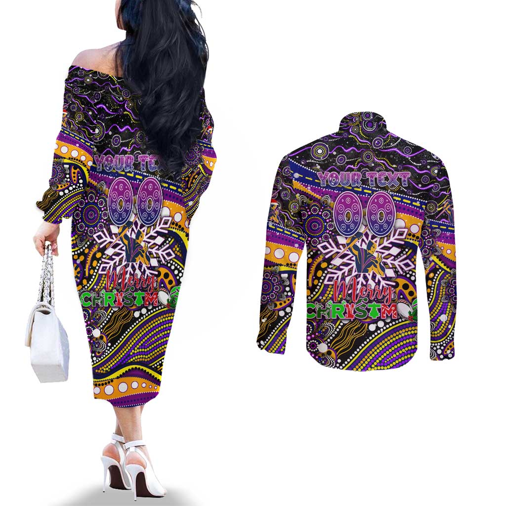 Merry Christmas Storm Couples Matching Off The Shoulder Long Sleeve Dress and Long Sleeve Button Shirt Aboriginal Santa Rugby Mascot - Melbourne