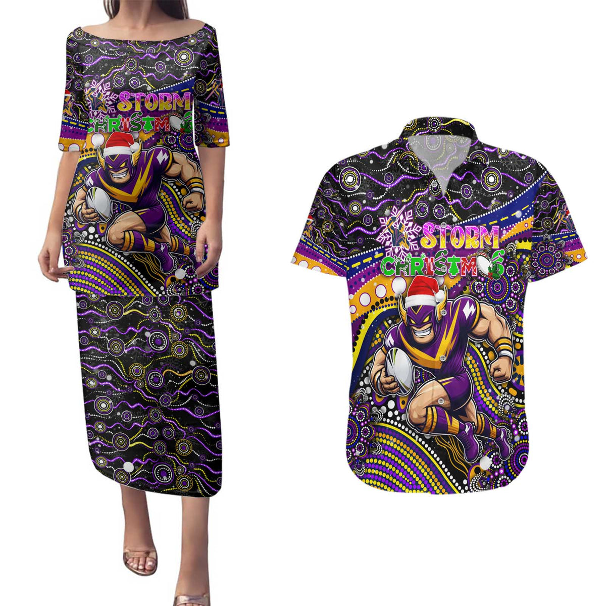 Merry Christmas Storm Couples Matching Puletasi and Hawaiian Shirt Aboriginal Santa Rugby Mascot - Melbourne