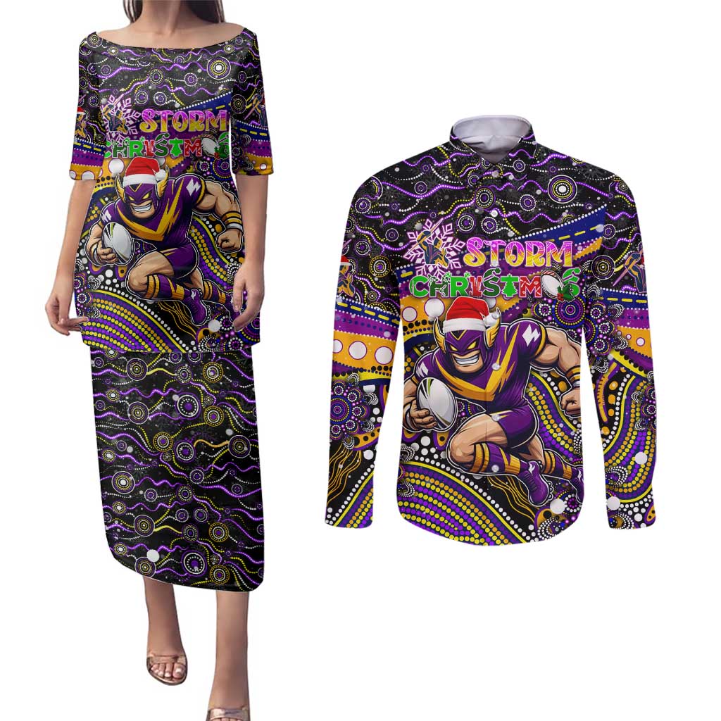 Merry Christmas Storm Couples Matching Puletasi and Long Sleeve Button Shirt Aboriginal Santa Rugby Mascot - Melbourne