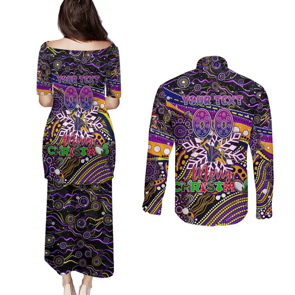 Merry Christmas Storm Couples Matching Puletasi and Long Sleeve Button Shirt Aboriginal Santa Rugby Mascot - Melbourne