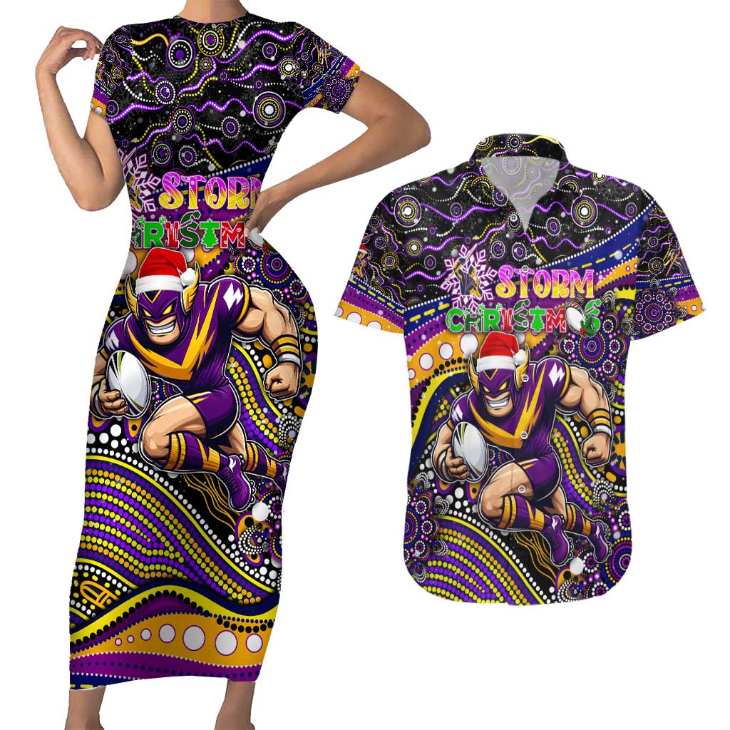 Merry Christmas Storm Couples Matching Short Sleeve Bodycon Dress and Hawaiian Shirt Aboriginal Santa Rugby Mascot - Melbourne