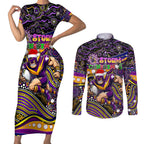 Merry Christmas Storm Couples Matching Short Sleeve Bodycon Dress and Long Sleeve Button Shirt Aboriginal Santa Rugby Mascot - Melbourne