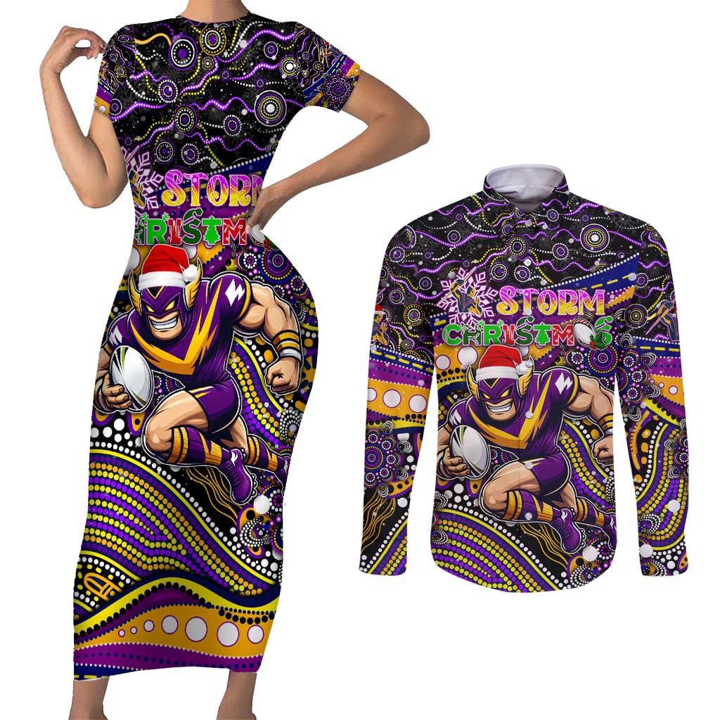 Merry Christmas Storm Couples Matching Short Sleeve Bodycon Dress and Long Sleeve Button Shirt Aboriginal Santa Rugby Mascot - Melbourne
