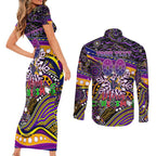 Merry Christmas Storm Couples Matching Short Sleeve Bodycon Dress and Long Sleeve Button Shirt Aboriginal Santa Rugby Mascot - Melbourne