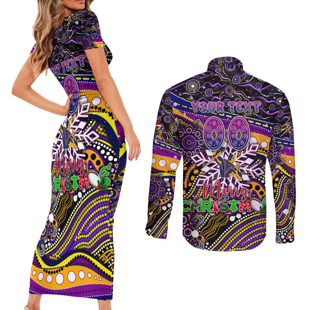Merry Christmas Storm Couples Matching Short Sleeve Bodycon Dress and Long Sleeve Button Shirt Aboriginal Santa Rugby Mascot - Melbourne