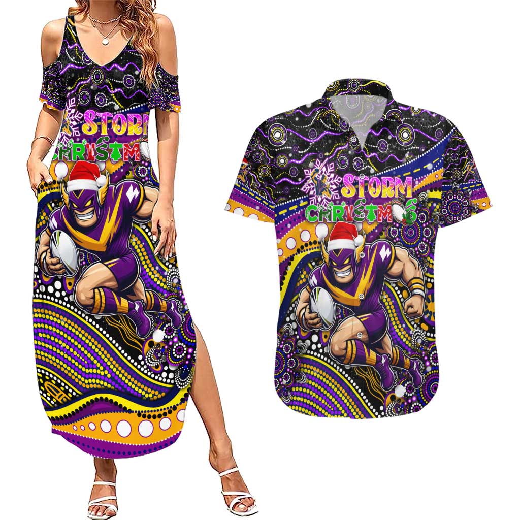 Merry Christmas Storm Couples Matching Summer Maxi Dress and Hawaiian Shirt Aboriginal Santa Rugby Mascot - Melbourne