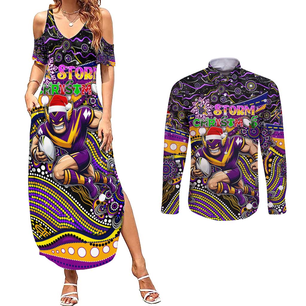 Merry Christmas Storm Couples Matching Summer Maxi Dress and Long Sleeve Button Shirt Aboriginal Santa Rugby Mascot - Melbourne