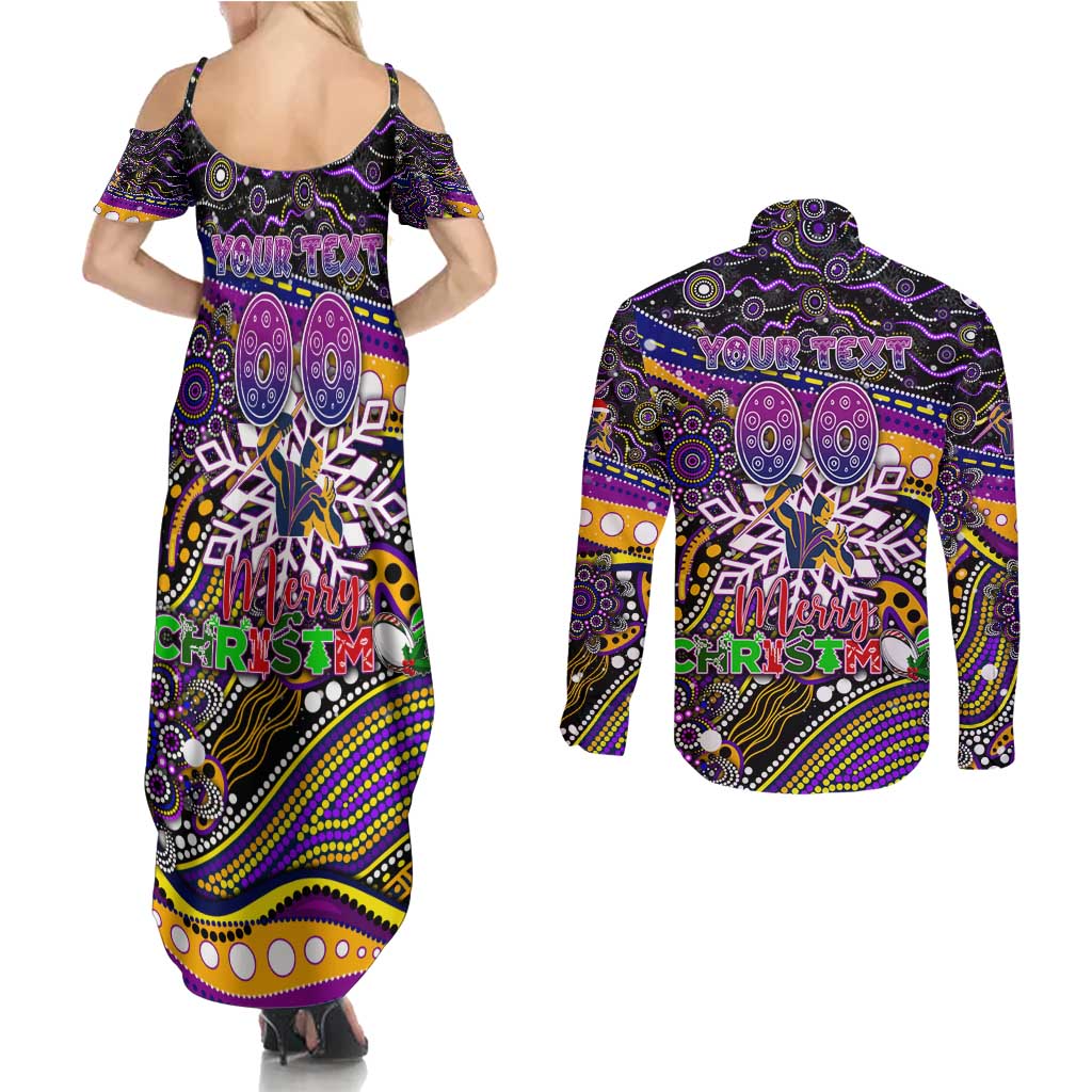 Merry Christmas Storm Couples Matching Summer Maxi Dress and Long Sleeve Button Shirt Aboriginal Santa Rugby Mascot - Melbourne