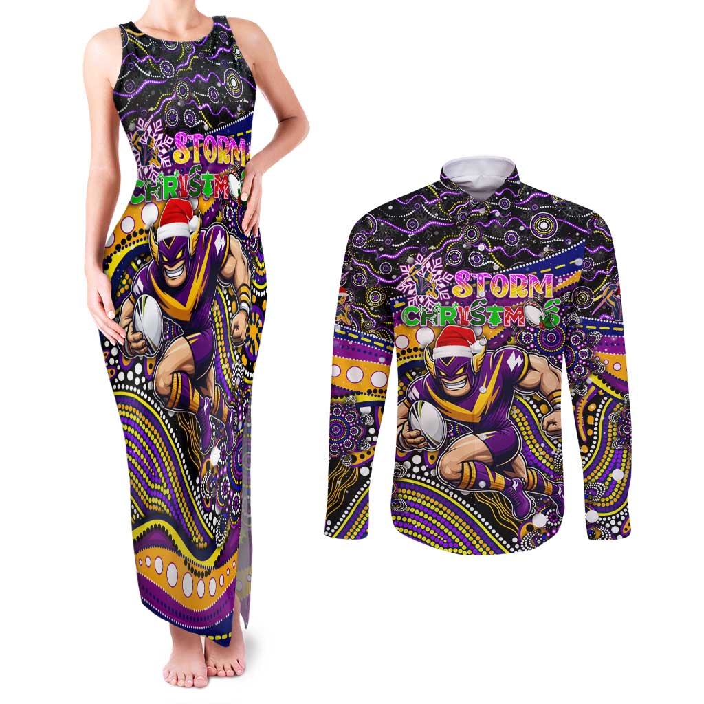 Merry Christmas Storm Couples Matching Tank Maxi Dress and Long Sleeve Button Shirt Aboriginal Santa Rugby Mascot - Melbourne