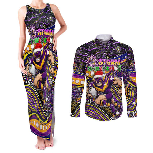 Merry Christmas Storm Couples Matching Tank Maxi Dress and Long Sleeve Button Shirt Aboriginal Santa Rugby Mascot - Melbourne