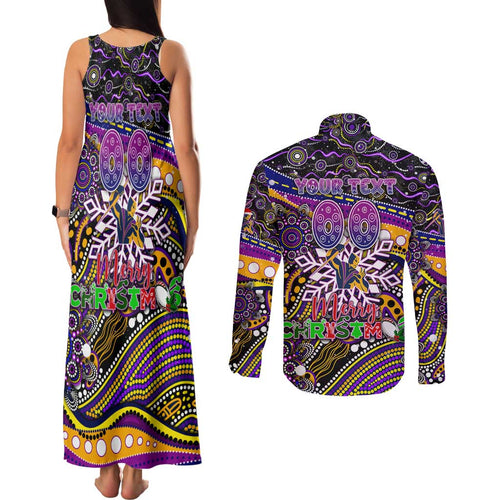 Merry Christmas Storm Couples Matching Tank Maxi Dress and Long Sleeve Button Shirt Aboriginal Santa Rugby Mascot - Melbourne