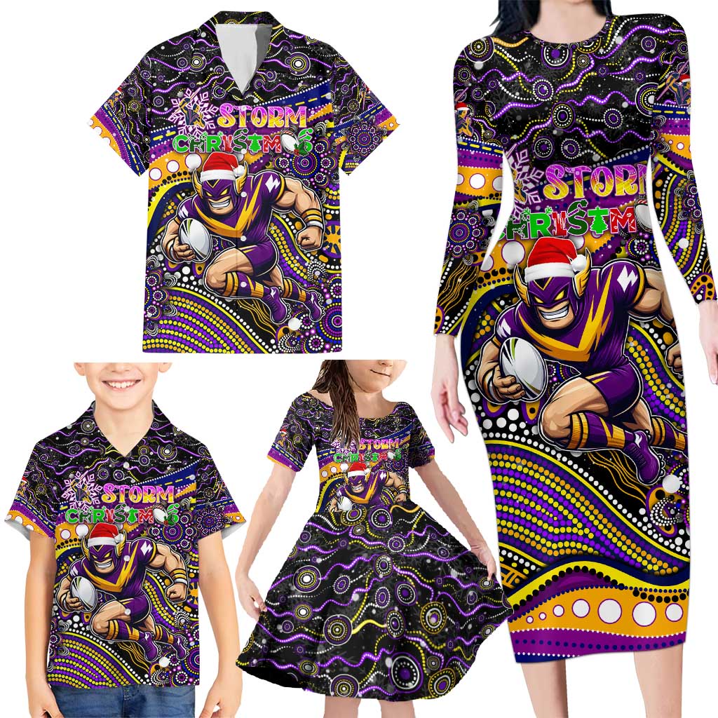 Merry Christmas Storm Family Matching Long Sleeve Bodycon Dress and Hawaiian Shirt Aboriginal Santa Rugby Mascot - Melbourne