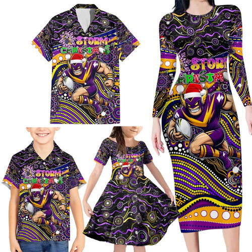 Merry Christmas Storm Family Matching Long Sleeve Bodycon Dress and Hawaiian Shirt Aboriginal Santa Rugby Mascot - Melbourne