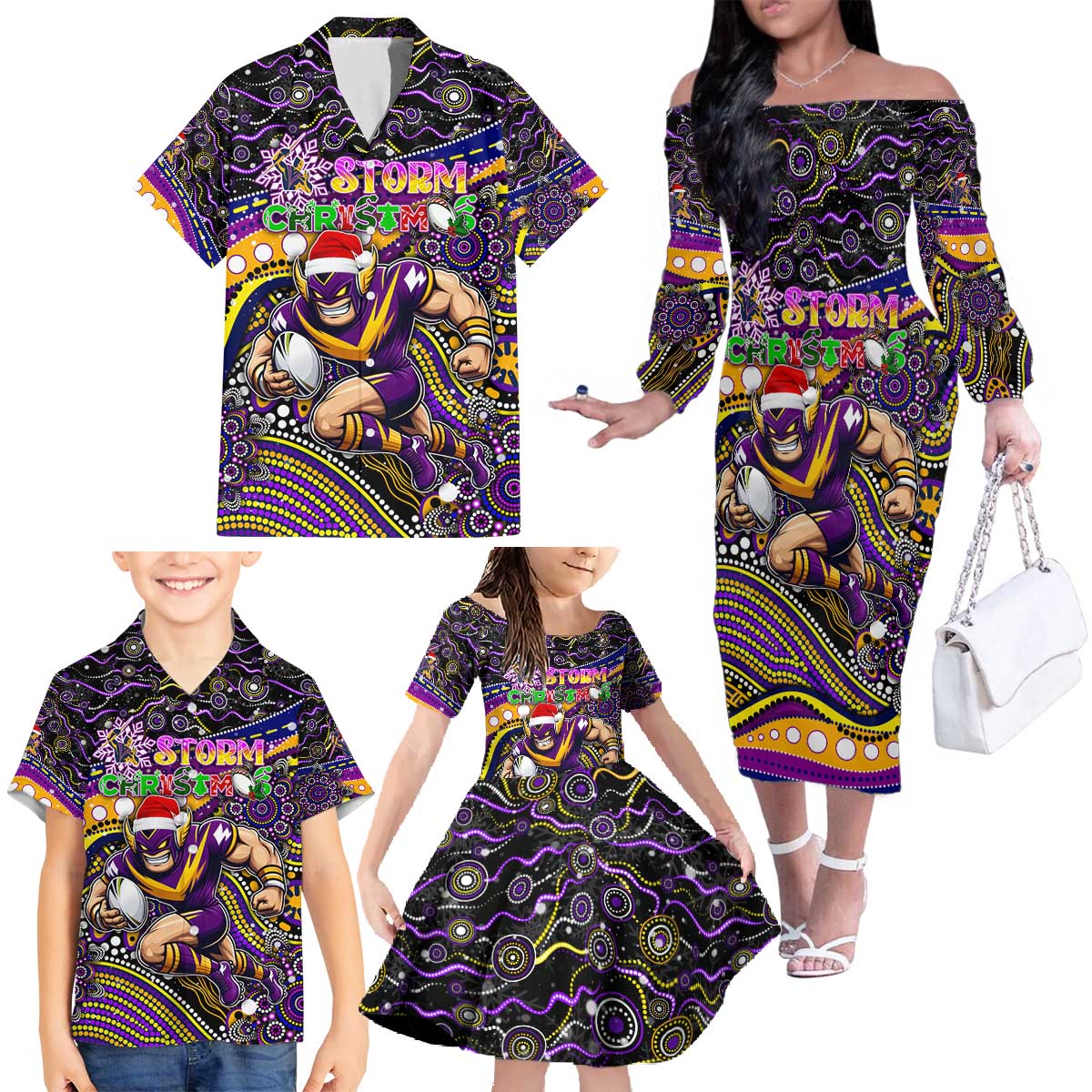 Merry Christmas Storm Family Matching Off The Shoulder Long Sleeve Dress and Hawaiian Shirt Aboriginal Santa Rugby Mascot - Melbourne