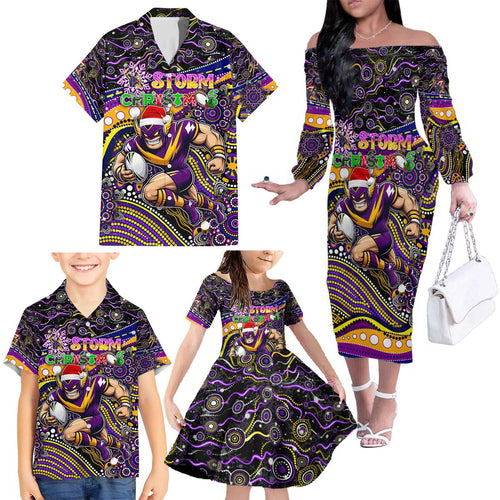 Merry Christmas Storm Family Matching Off The Shoulder Long Sleeve Dress and Hawaiian Shirt Aboriginal Santa Rugby Mascot - Melbourne
