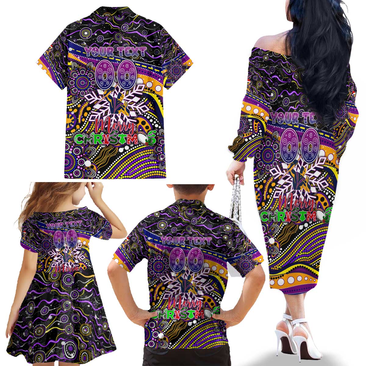 Merry Christmas Storm Family Matching Off The Shoulder Long Sleeve Dress and Hawaiian Shirt Aboriginal Santa Rugby Mascot - Melbourne