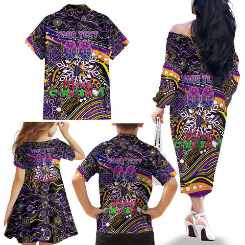 Merry Christmas Storm Family Matching Off The Shoulder Long Sleeve Dress and Hawaiian Shirt Aboriginal Santa Rugby Mascot - Melbourne
