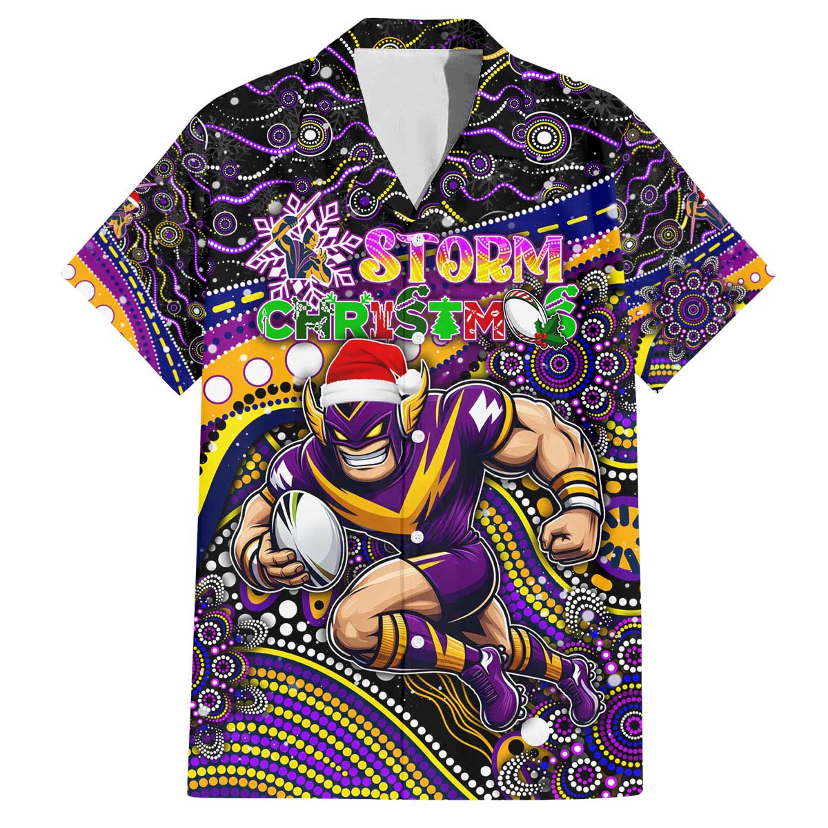 Merry Christmas Storm Family Matching Off The Shoulder Long Sleeve Dress and Hawaiian Shirt Aboriginal Santa Rugby Mascot - Melbourne
