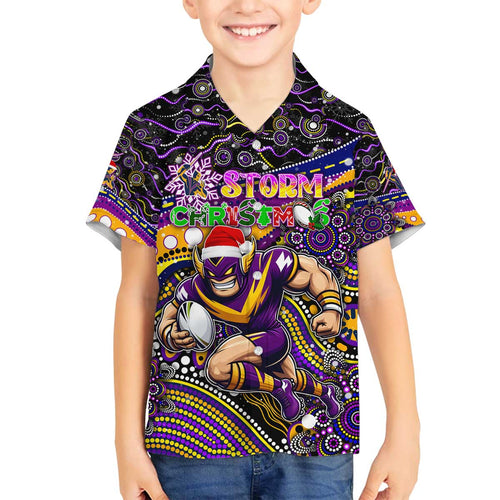 Merry Christmas Storm Family Matching Off The Shoulder Long Sleeve Dress and Hawaiian Shirt Aboriginal Santa Rugby Mascot - Melbourne