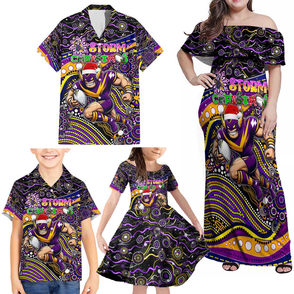Merry Christmas Storm Family Matching Off Shoulder Maxi Dress and Hawaiian Shirt Aboriginal Santa Rugby Mascot - Melbourne