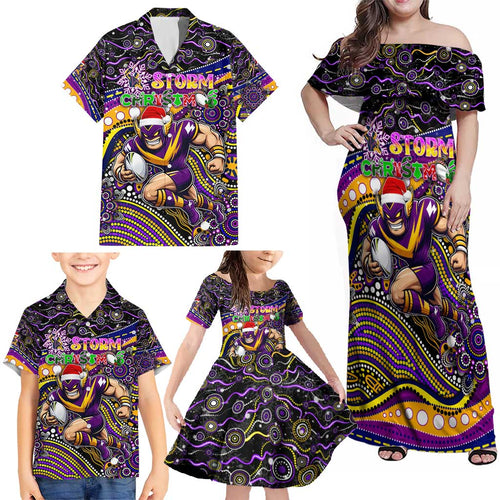 Merry Christmas Storm Family Matching Off Shoulder Maxi Dress and Hawaiian Shirt Aboriginal Santa Rugby Mascot - Melbourne