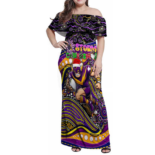 Merry Christmas Storm Family Matching Off Shoulder Maxi Dress and Hawaiian Shirt Aboriginal Santa Rugby Mascot - Melbourne