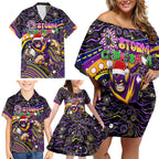 Merry Christmas Storm Family Matching Off Shoulder Short Dress and Hawaiian Shirt Aboriginal Santa Rugby Mascot - Melbourne
