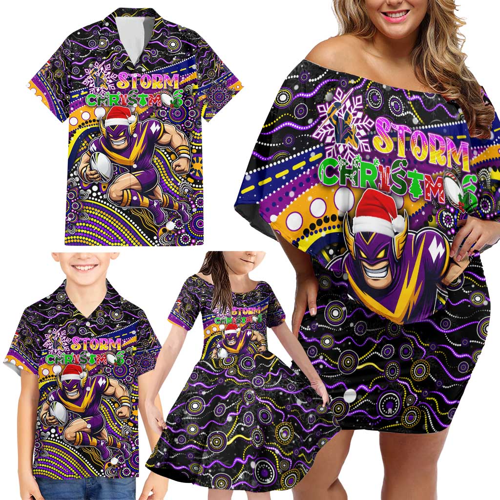 Merry Christmas Storm Family Matching Off Shoulder Short Dress and Hawaiian Shirt Aboriginal Santa Rugby Mascot - Melbourne