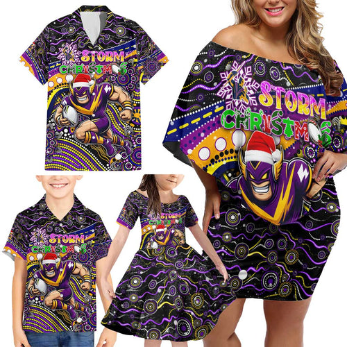 Merry Christmas Storm Family Matching Off Shoulder Short Dress and Hawaiian Shirt Aboriginal Santa Rugby Mascot - Melbourne
