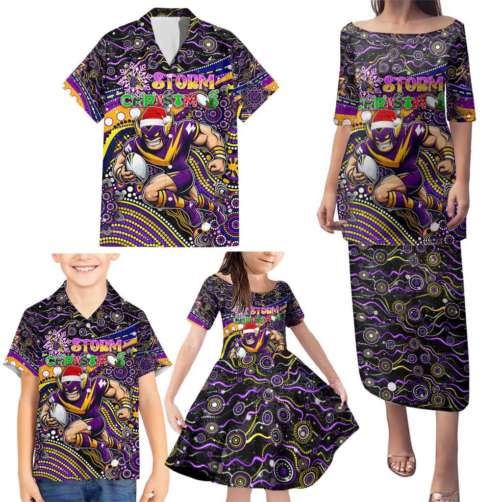 Merry Christmas Storm Family Matching Puletasi and Hawaiian Shirt Aboriginal Santa Rugby Mascot - Melbourne