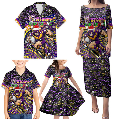 Merry Christmas Storm Family Matching Puletasi and Hawaiian Shirt Aboriginal Santa Rugby Mascot - Melbourne