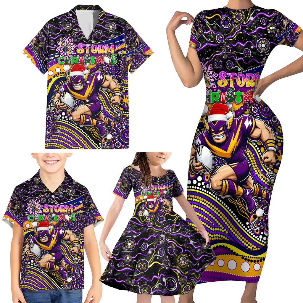 Merry Christmas Storm Family Matching Short Sleeve Bodycon Dress and Hawaiian Shirt Aboriginal Santa Rugby Mascot - Melbourne