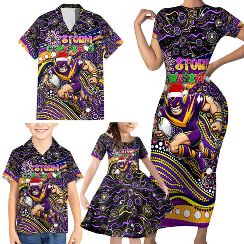 Merry Christmas Storm Family Matching Short Sleeve Bodycon Dress and Hawaiian Shirt Aboriginal Santa Rugby Mascot - Melbourne