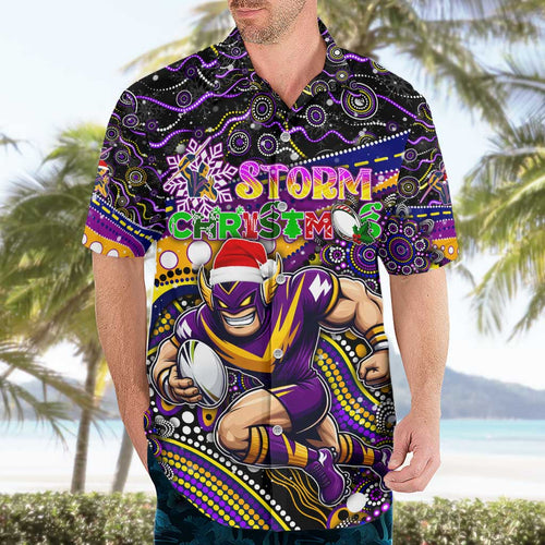Merry Christmas Storm Hawaiian Shirt Aboriginal Santa Rugby Mascot - Melbourne