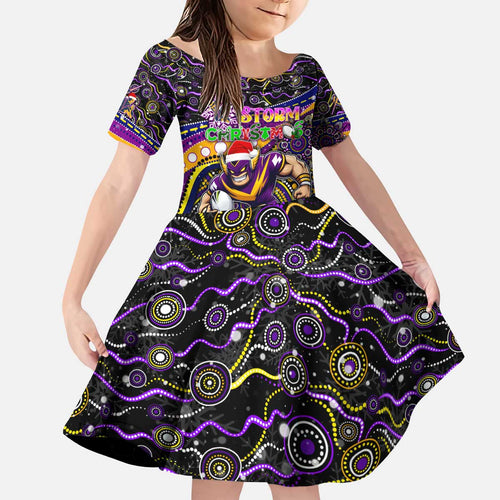 Merry Christmas Storm Kid Short Sleeve Dress Aboriginal Santa Rugby Mascot - Melbourne