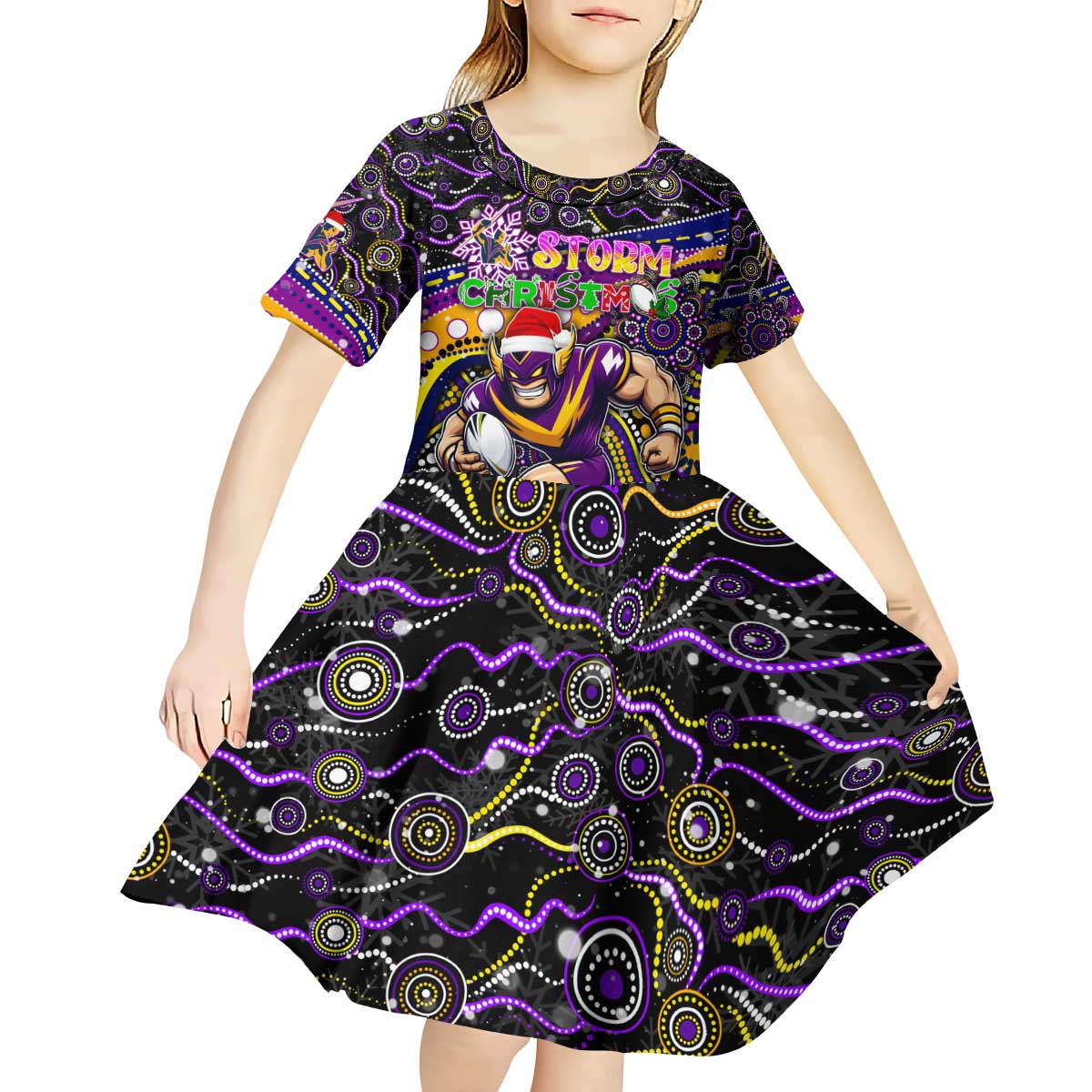 Merry Christmas Storm Kid Short Sleeve Dress Aboriginal Santa Rugby Mascot - Melbourne
