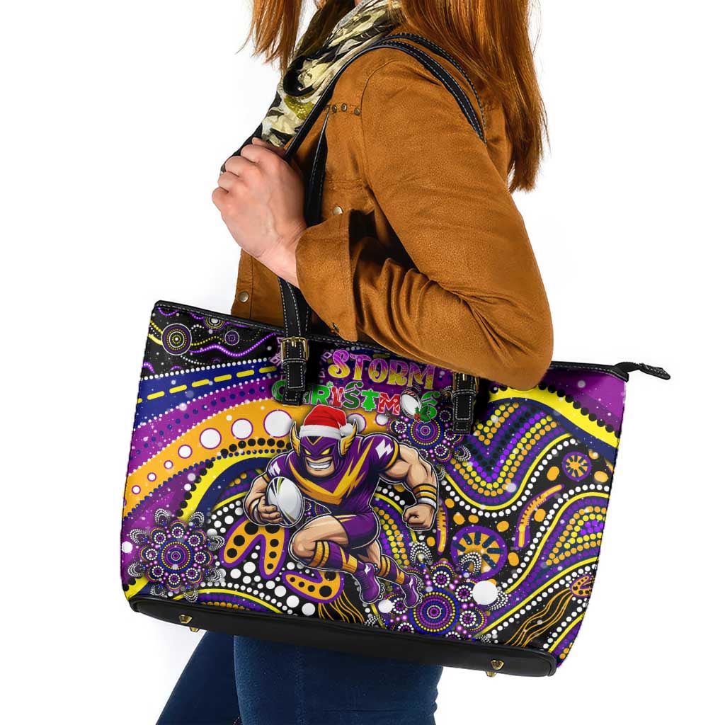 Merry Christmas Storm Leather Tote Bag Aboriginal Santa Rugby Mascot - Melbourne