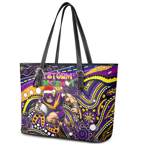 Merry Christmas Storm Leather Tote Bag Aboriginal Santa Rugby Mascot - Melbourne