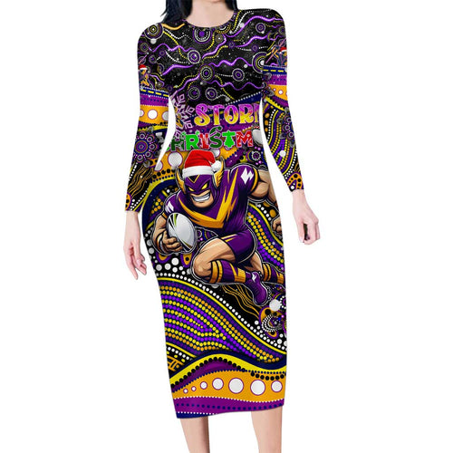 Merry Christmas Storm Long Sleeve Bodycon Dress Aboriginal Santa Rugby Mascot - Melbourne