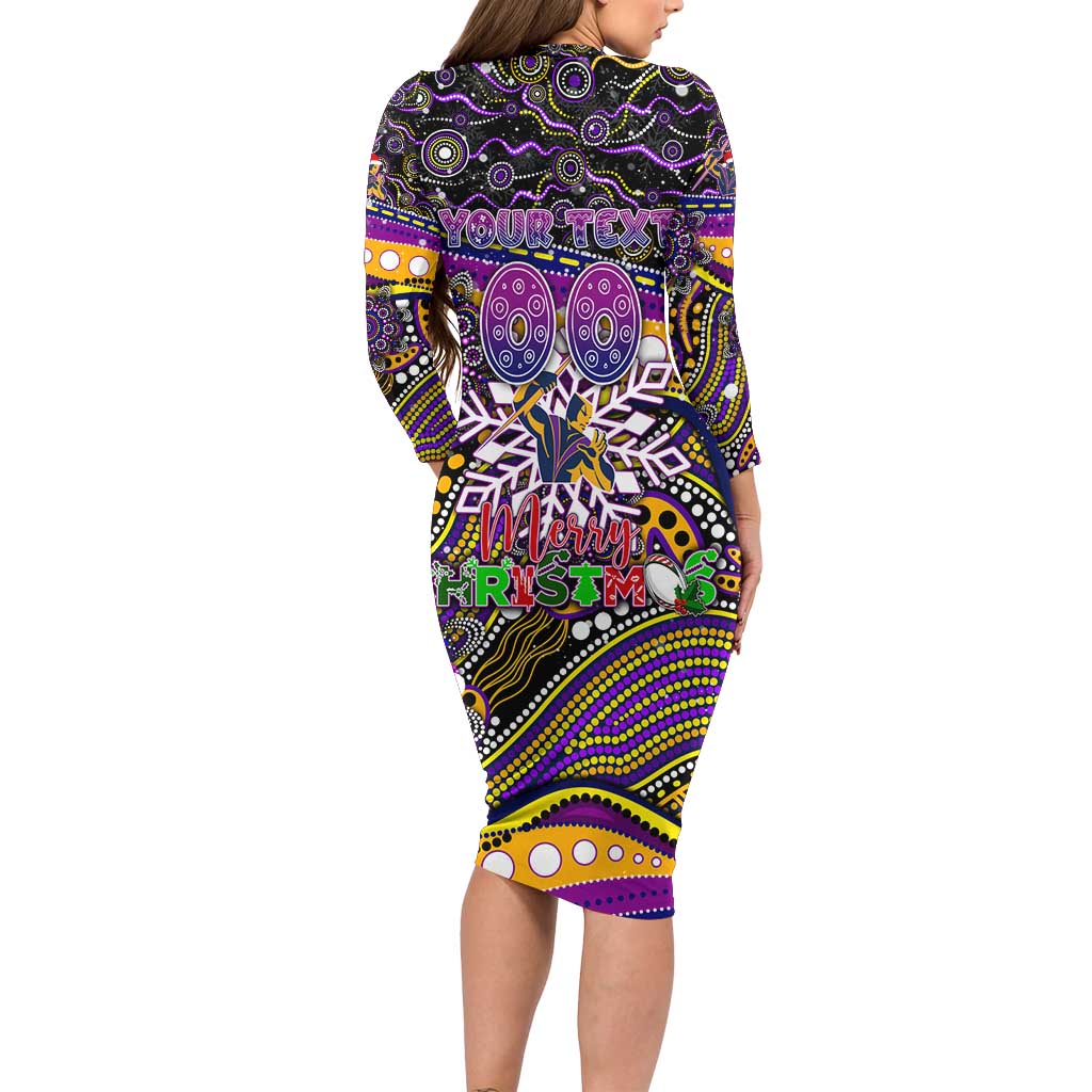 Merry Christmas Storm Long Sleeve Bodycon Dress Aboriginal Santa Rugby Mascot - Melbourne